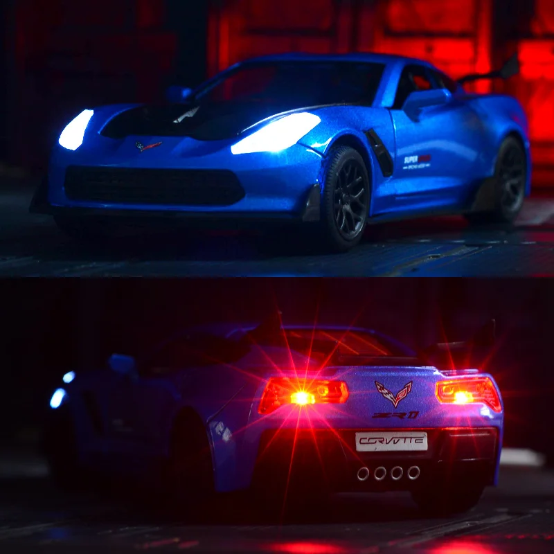 Modèle de voiture en alliage Chevrolet Corvette ZR1, cadeau, jouet acousto-optique pour enfants, porte et capot, coffre pouvant être ouvert, 1:32