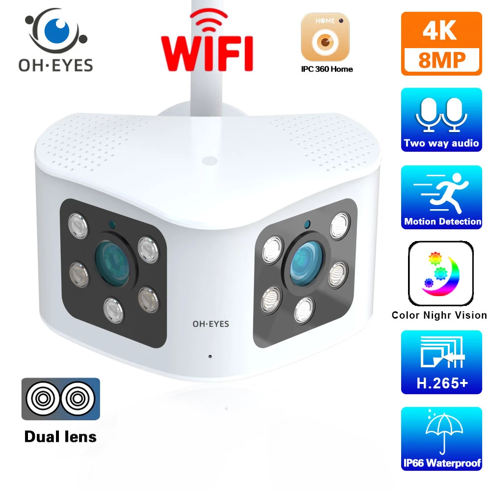 

4K 8MP WIFI Dual Lens Panoramic Camera Outdoor Waterproof Full Color Night Vision Mini CCTV Surveillance Camera Wireless IP Cam