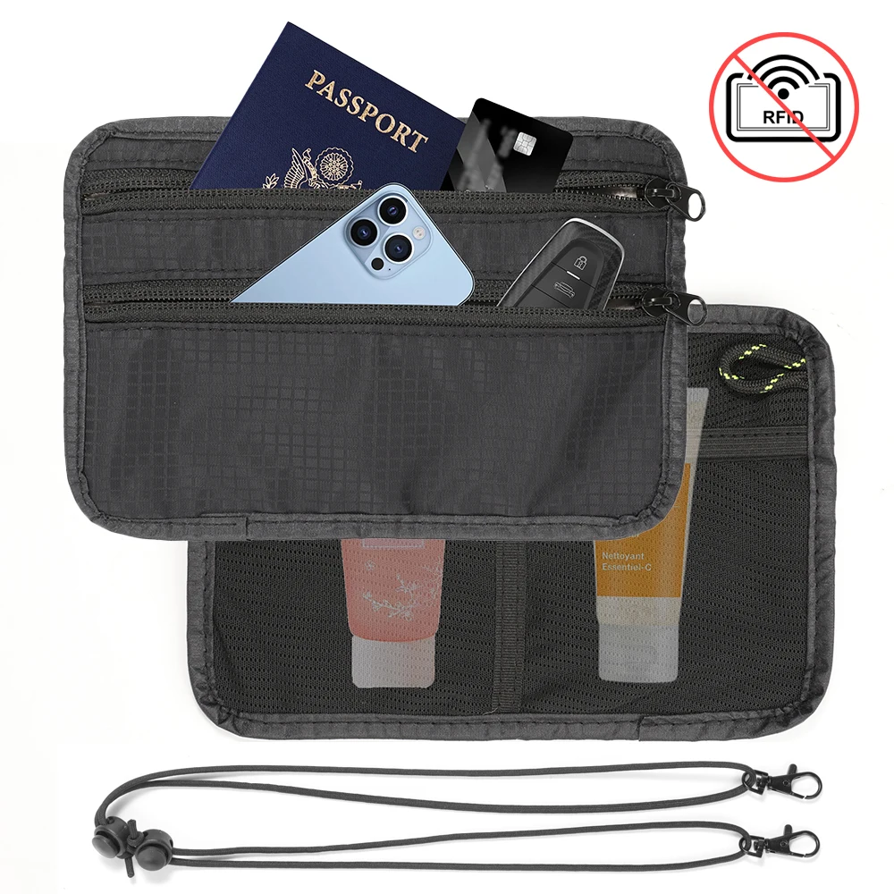 

RAnti-Theft RFID Blocking Travel Wallet Lightweight Passport Organizer Coin Purse with Adjustable Shoulder Strap, Zip Closure