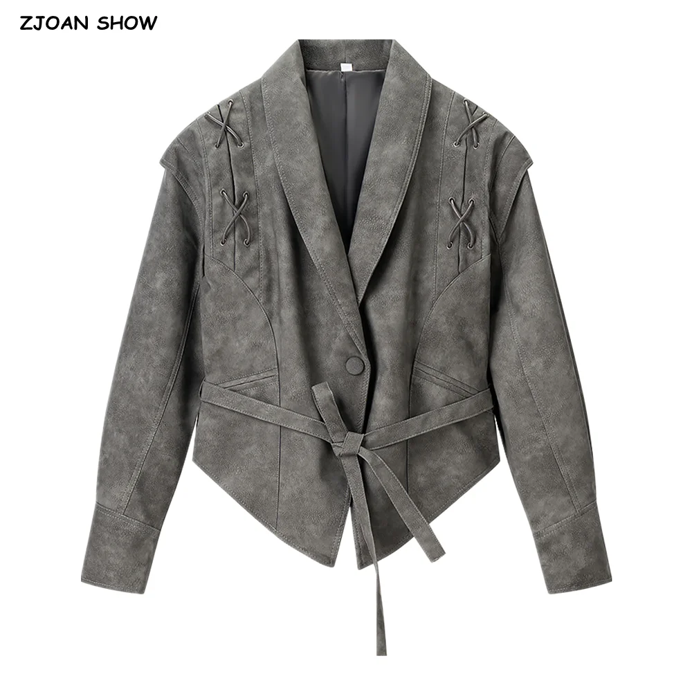 

New Autumn Vintage Women Washing Gray PU Leather Jacket Lapel Collar Tie Bow Sashes One Button Full Sleeve Coat Short Outerwear