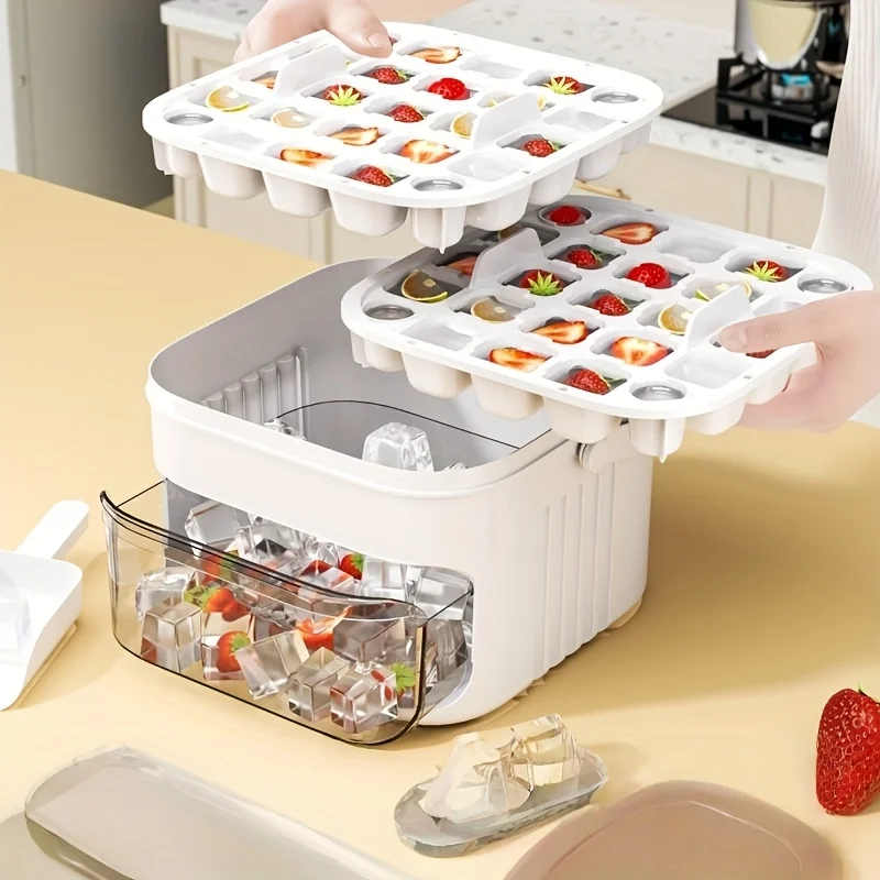 Double Layer Ice Cube Maker Tray with Cover and Container, Portable Pull-out Ice Drawer, Multifunctional Kitchen Storage Gadgets