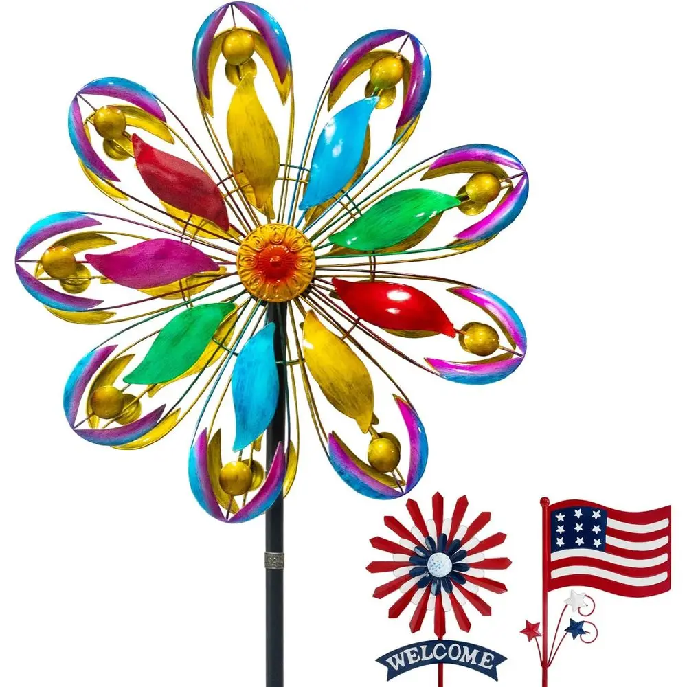 

Уличные ветряные спиннеры, большие металлические кинетические ветряные скульптуры 84 дюйма для сада, красочное украшение для двора с 2-компонентным декором в виде приветственных колокольчиков