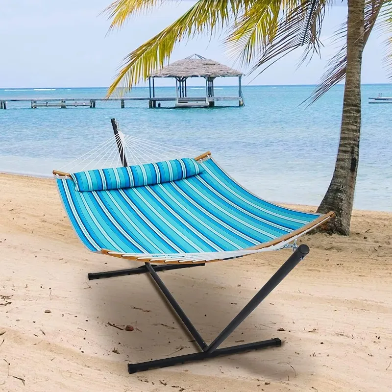 Removable pillow curved bamboo bar hammock backyard seaside terrace double hammock portable outdoor camping