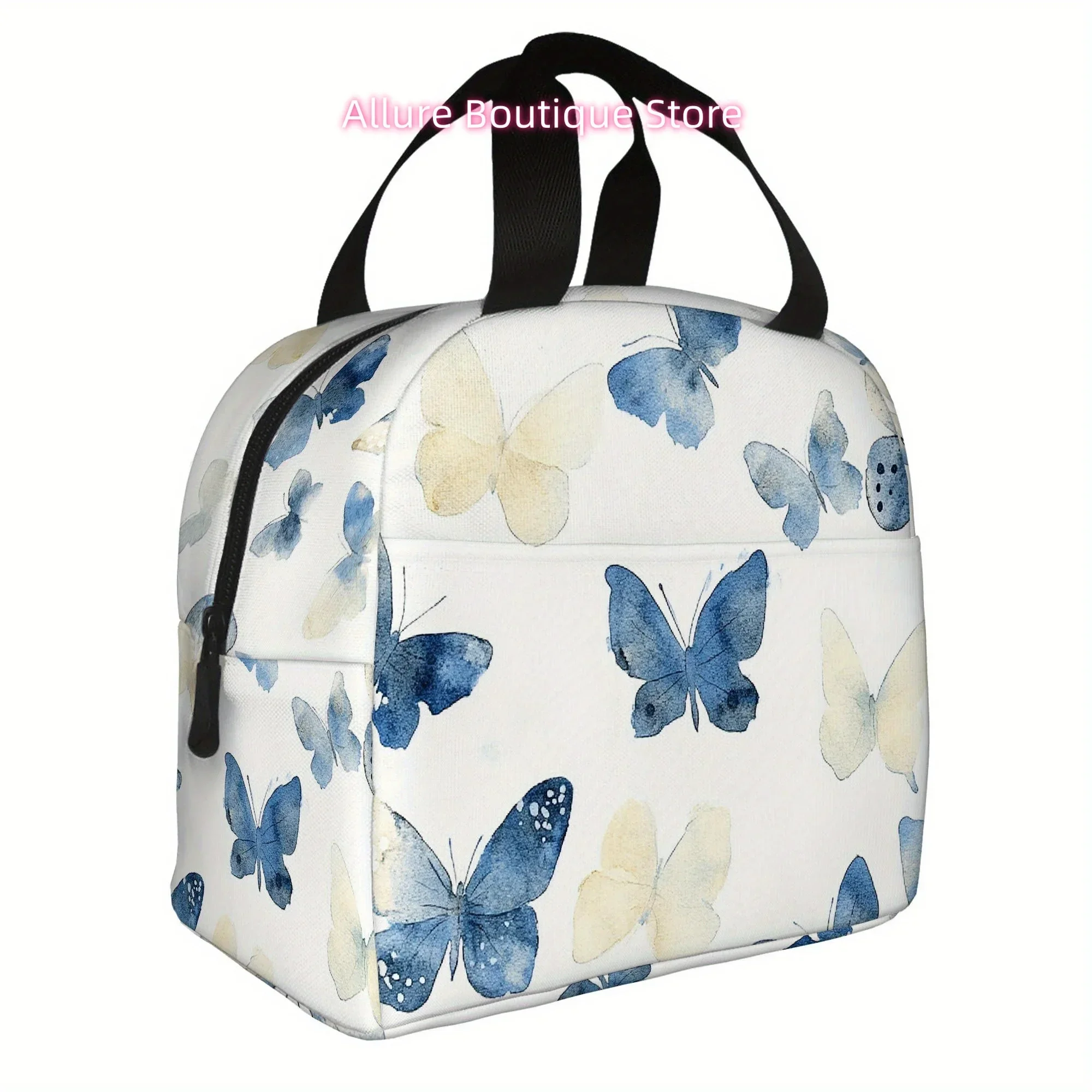 1pc, Blue Butterflies on White Background Printed Thermal Bag Insulation and Refrigerated Portable Reusable Unisex for Home Rest