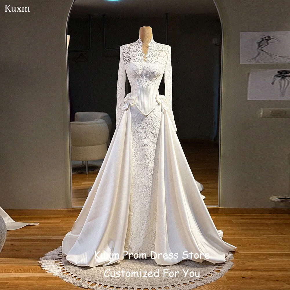 Kuxm Lace A Line Wedding Dresses Women V Neck Elegant Formal Vestidos De Novia Long Sleeves Foor Length Party Dress Customized