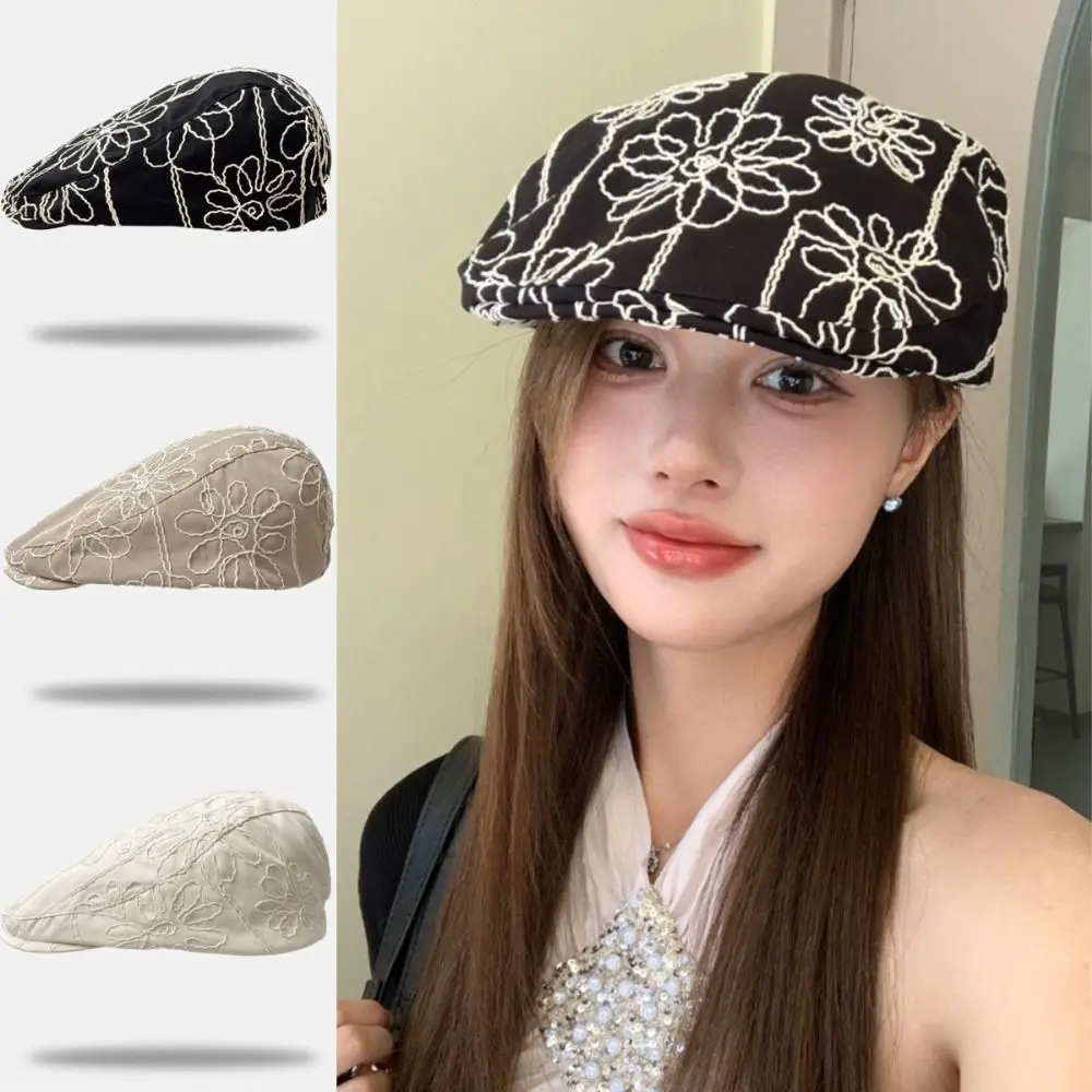 Fashion Retro Forward Cap Flower Embroidery Korean Style Beret Sweet Spicy Casual Versatile British Hat For Lady Girl