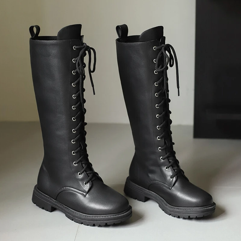SIMLOVEYO, botas hasta la rodilla para mujer, Bota de fiesta de piel sintética, punta redonda para montar en motocicleta, tacón de 3,5 cm con cordones, talla grande 48 US17 en oferta