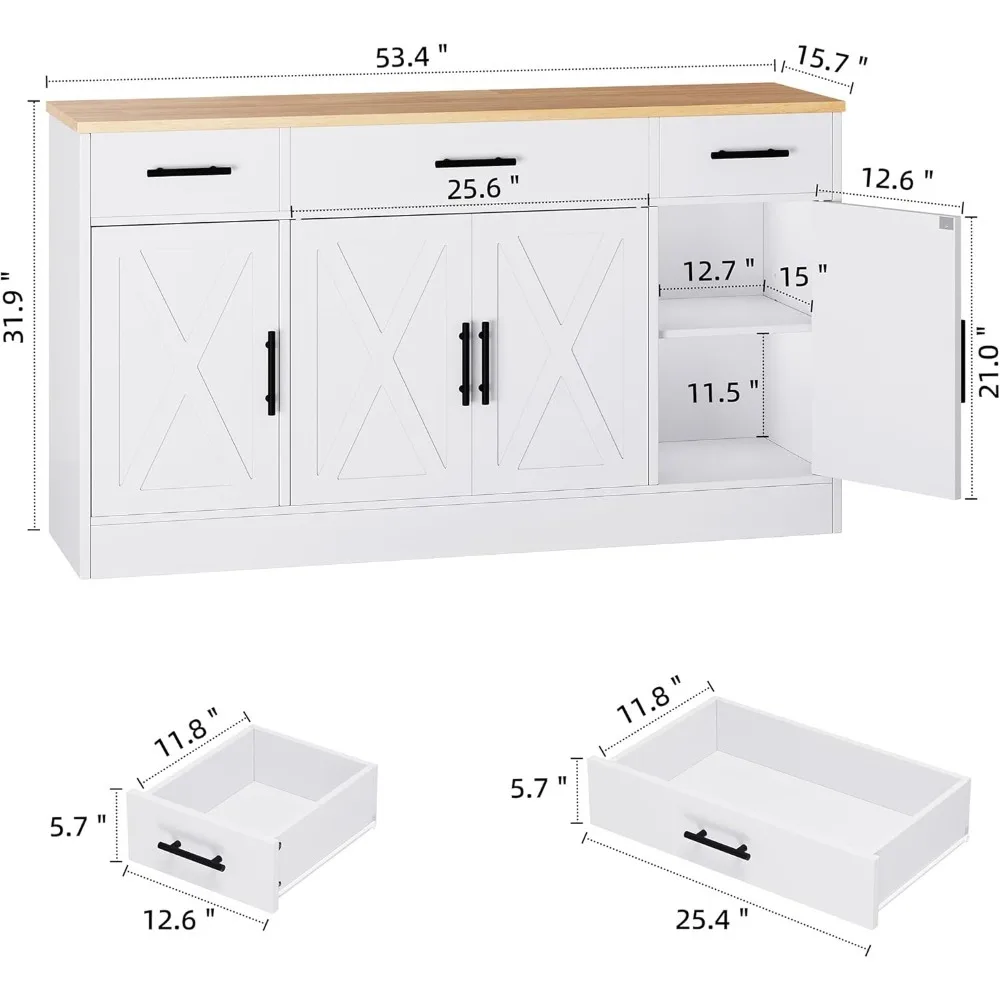 Kitchen Storage Cabinet with 3 Drawers and 4 Doors Wood Buffet Sideboard with Adjustable Shelves for Dining Living Room