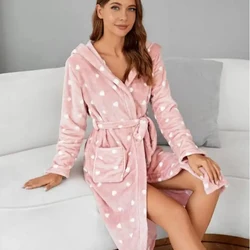 Loose Coral Fleece Home Clothes Lounge Wear Winter Flannel Hooded Robe Nightgown Kimono Bathrobe Gown Thickened Warm Sleepwear