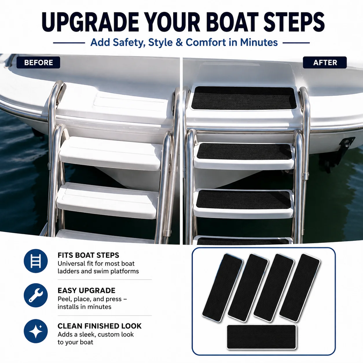 Boat EVA Foam Step Pad 4PCS 12.75x3.75in Anti Slip Marine Ladder Tread Mat Brushed Deck Step Pads for Yacht Swim Platform Entry