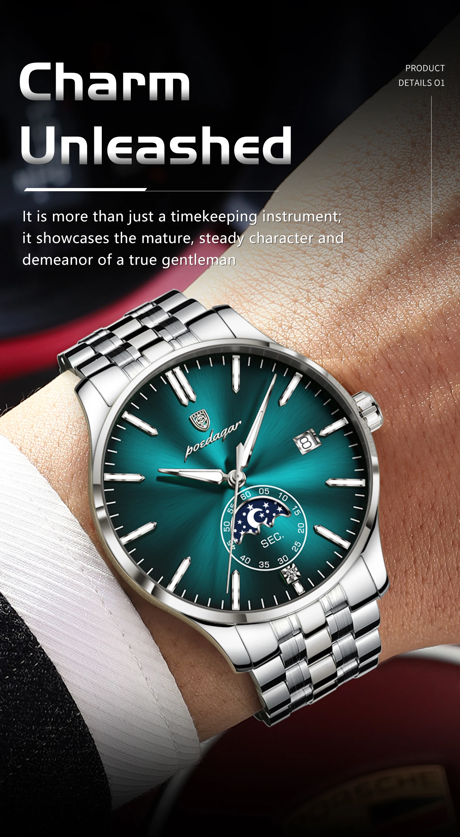 POEDAGAR Top-Luxus-Herrenuhr, Casual Edelstahl Quarz Herren-Armbanduhr, Wasserdicht, Leuchtend, mit Datum, Modische Herrenuhren Reloj – Detail 4