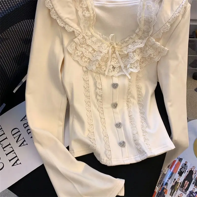 Camiseta de manga larga con cuello cuadrado y lazo de encaje para mujer, ropa de cuerpo ajustada coreana de terciopelo grueso para otoño e invierno