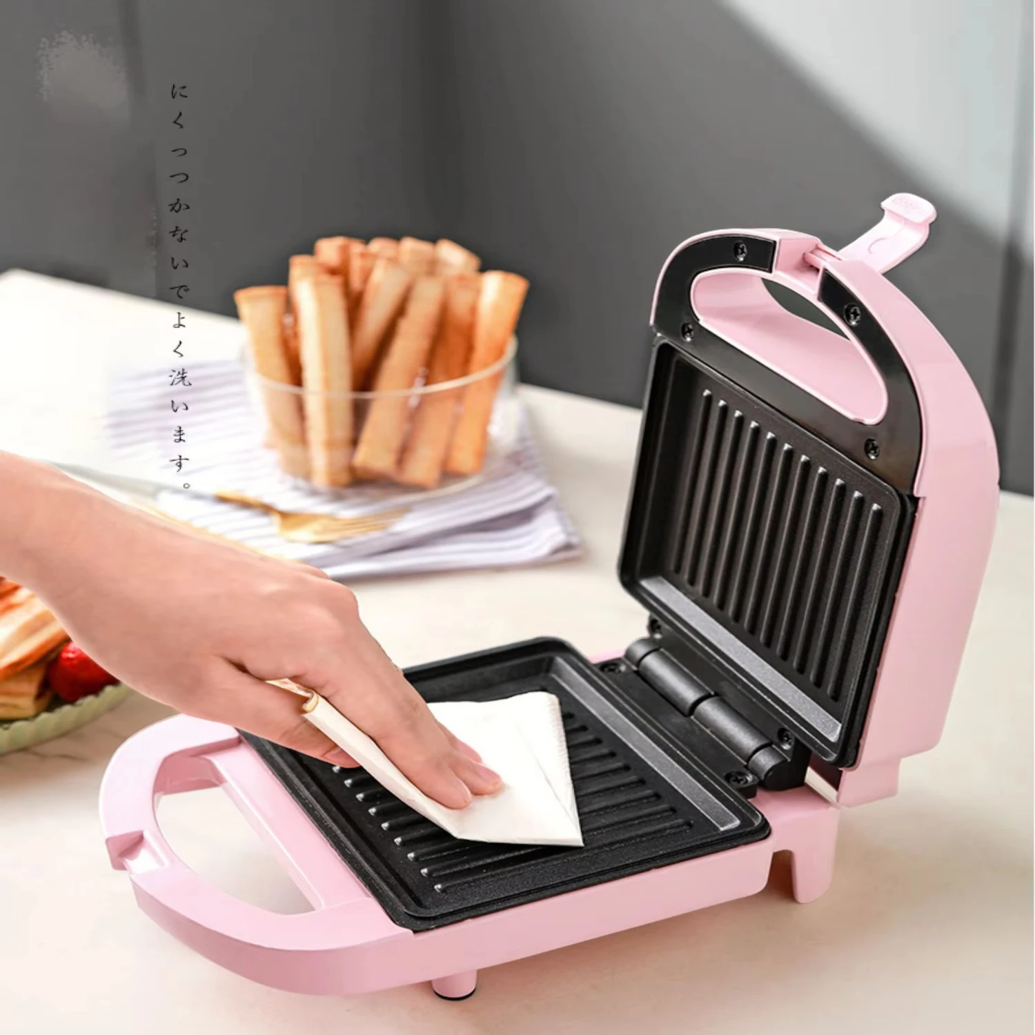 Máquina de sanduíche multifuncional portátil antiaderente para assar waffle - cor vermelha rosa