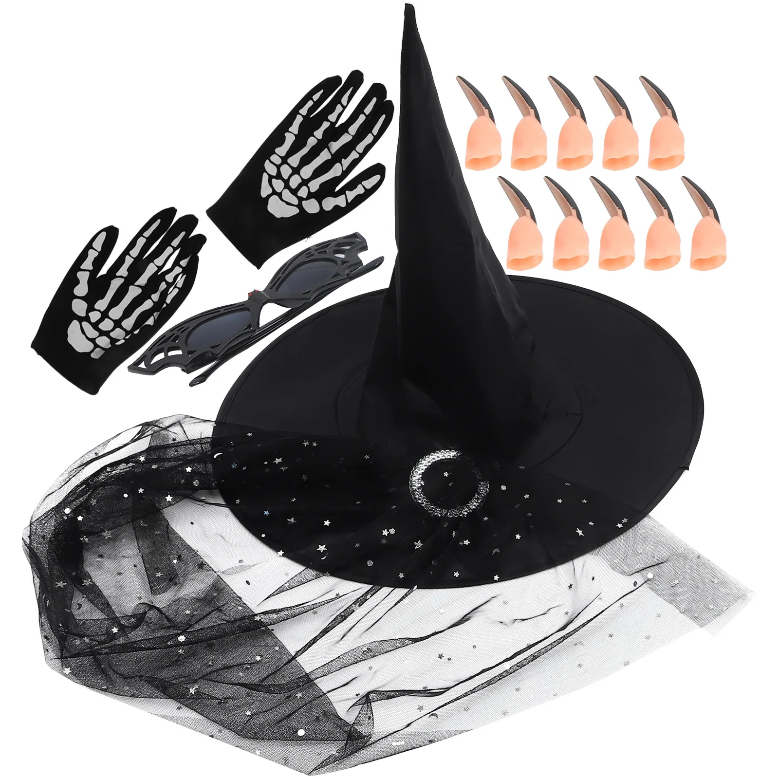 1Set Halloween Hexenhut Set Tragbare Sichere Material Cosplay Zubehör Gläser Handschuhe Gefälschte Nägel Party Liefert