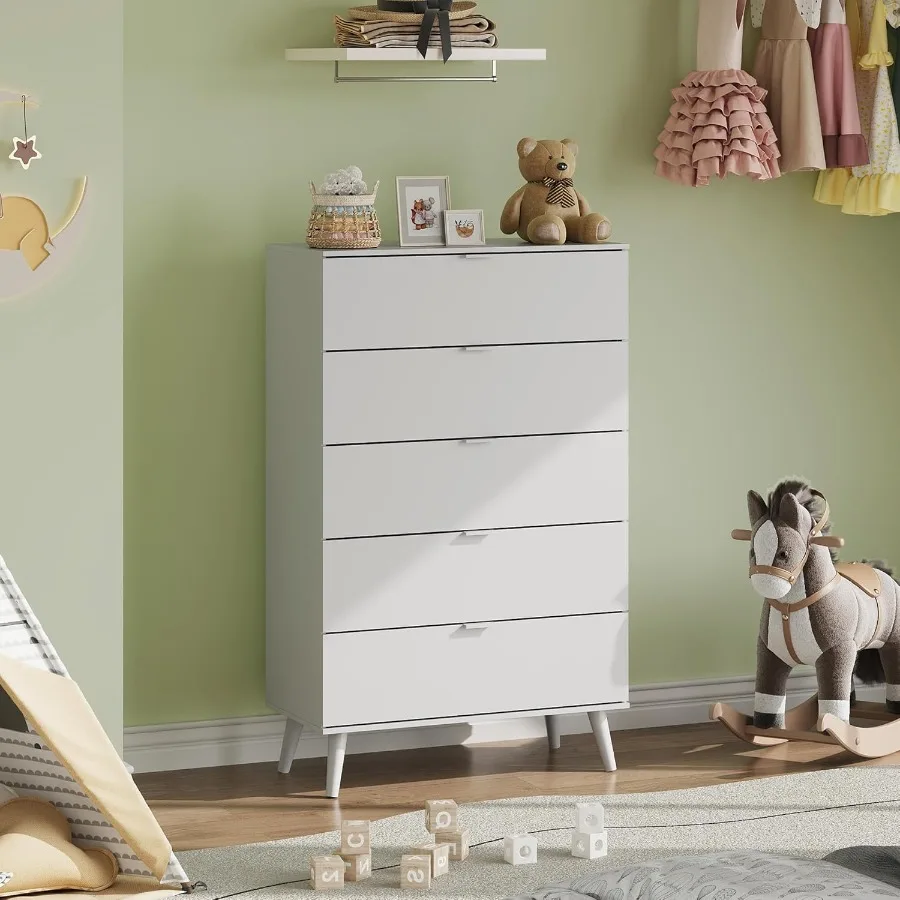 خزانة ذات 5 أدراج لغرفة النوم، خزانة خشبية طويلة مع لمسة نهائية بيضاء، مقابض معدنية قوية، منظم تخزين مثالي لغرفة المعيشة #2