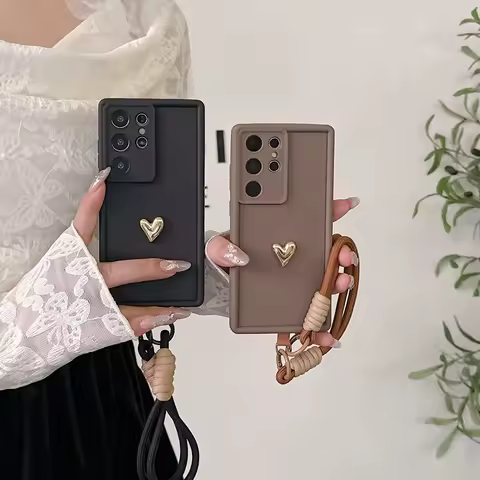 Strap Rope Lanyard Heart Soft Phone Case For Samsung Galaxy Note 20 S25 Edge S24 S23 S22 S21 S20 FE Ultra Plus A56 A36 5G Cover