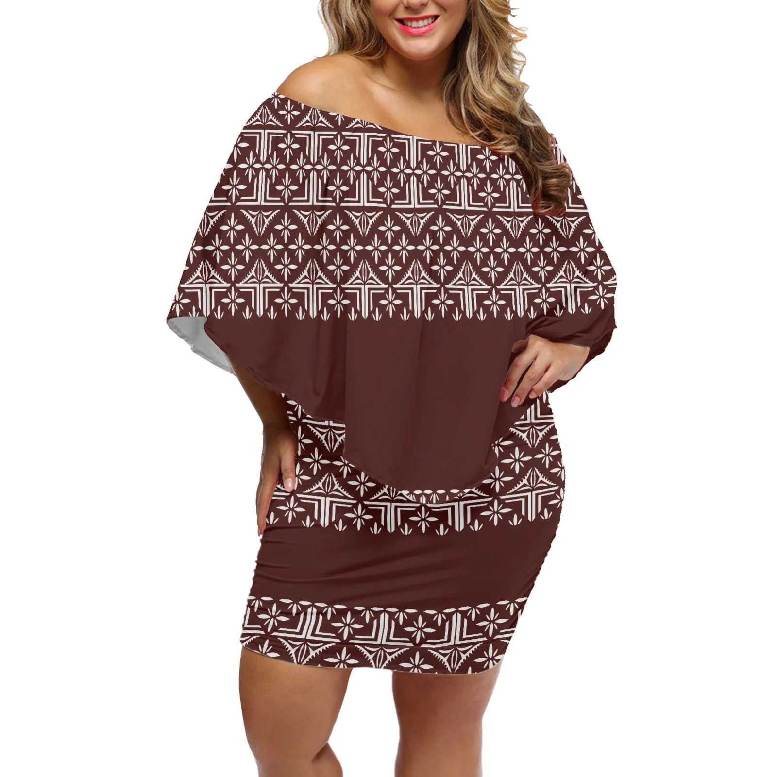 Elegant Off-The-Shoulder Dress Polynesian Traditional Tribal Print Ethnic Pattern Summer Women's Casual Shawl Party Miniskirt