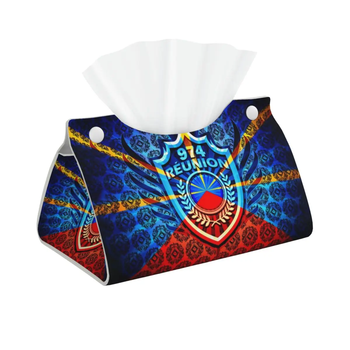 Custom 974 Reunion Island Facial Tissue Box Cover Rectangular Maveli Coat of Arms PU Leather Tissue Box Holder for Car Bathroom