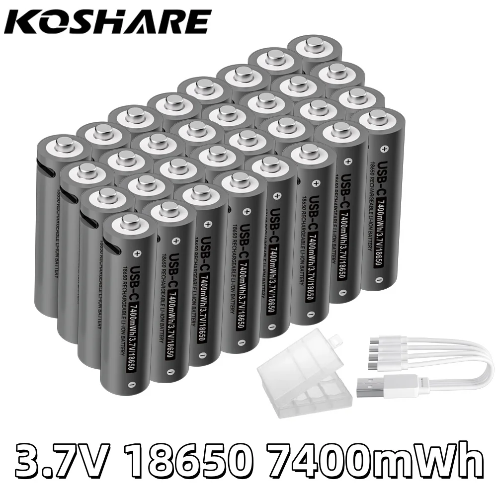 KOSHARE18650 3.7V Li-ion Rechargeable Batteries7400mWh Lithium BatteryFor Wireless Mouse Remote control+Type-C Cable Storage Box