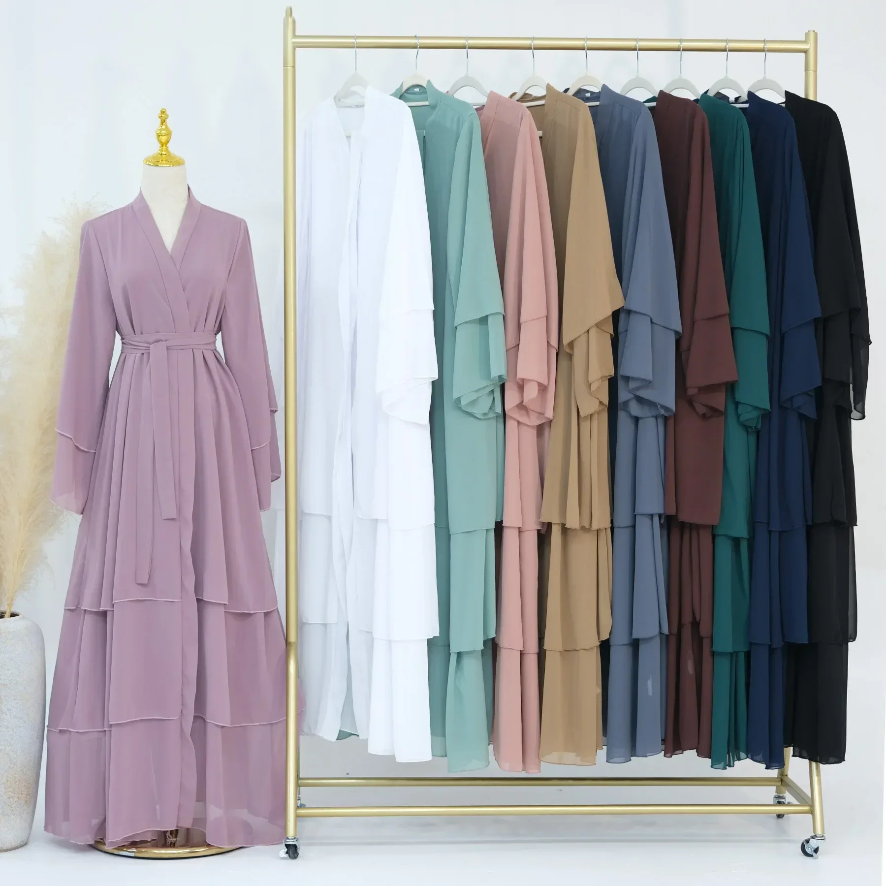 Fashionable Women's Clothing Spliced Three-Layer Open Abayas Cardigan Dress Long Robe Elegant Chiffon Fabric Spring Season 2024