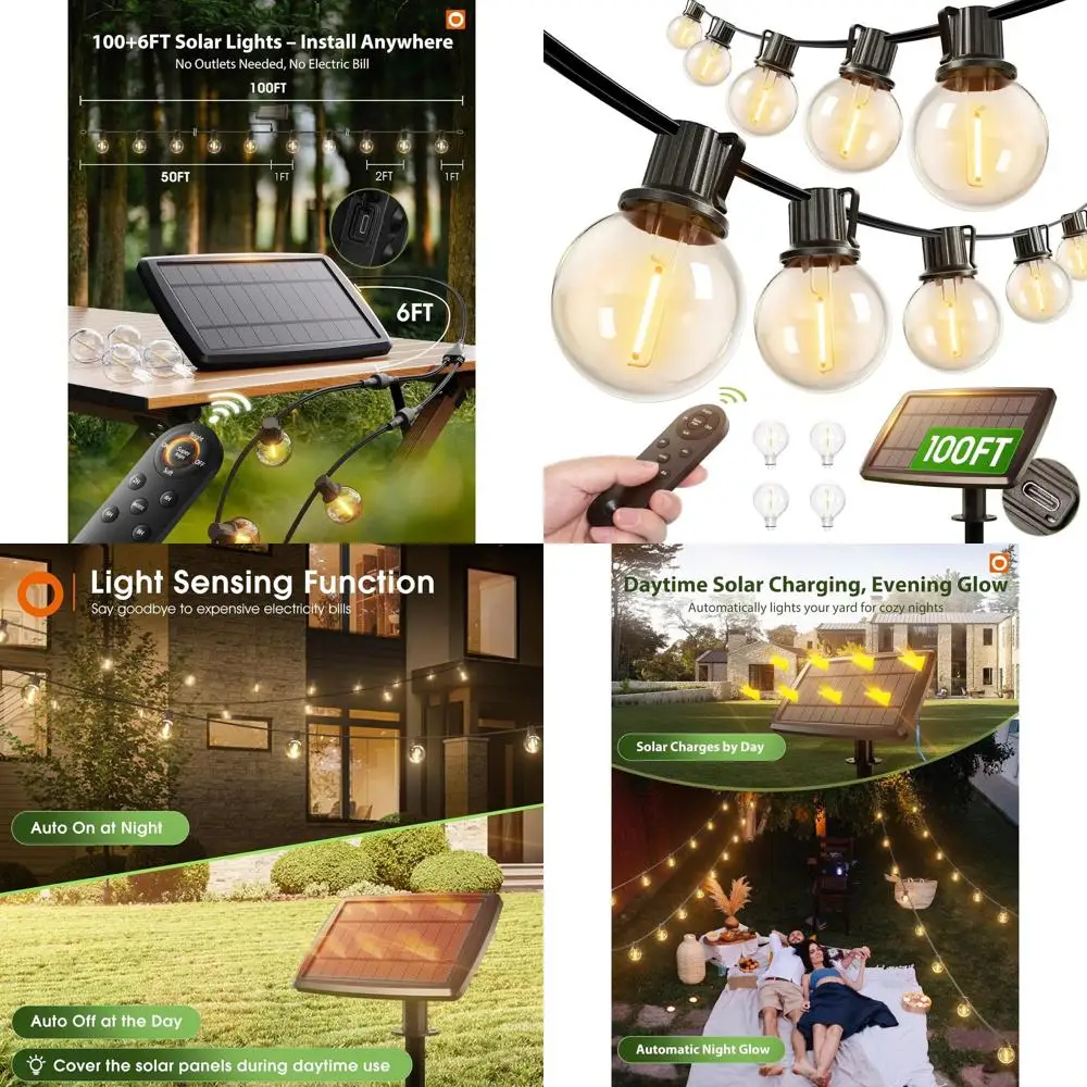 

54 светодиодных солнечных гирлянд с регулируемой яркостью, водонепроницаемость 100 футов для улицы, 3 режима, пульт дистанционного управления, идеально подходит для вечеринок на заднем дворе