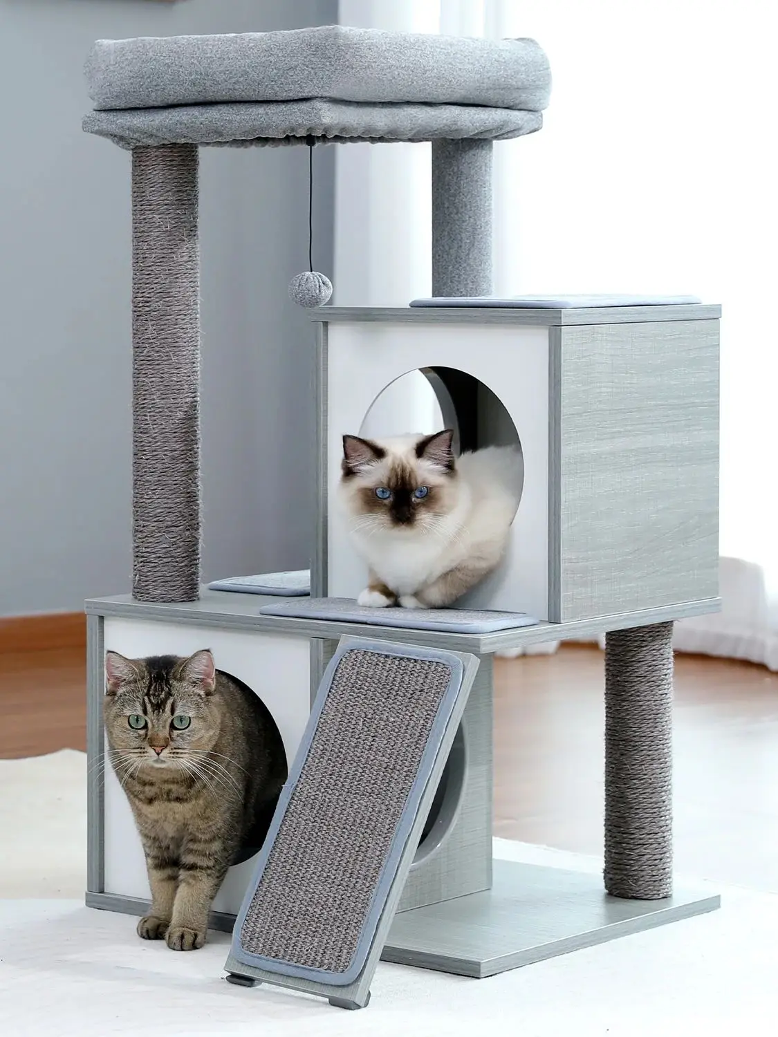 Moderner Katzenbaum mit Sisal-Kratzstämmen, zwei gemütlichen Katzenhöhlen, Holz-Katzenturm für Hauskatzen, Katzenmöbel, Katzenspielzeug