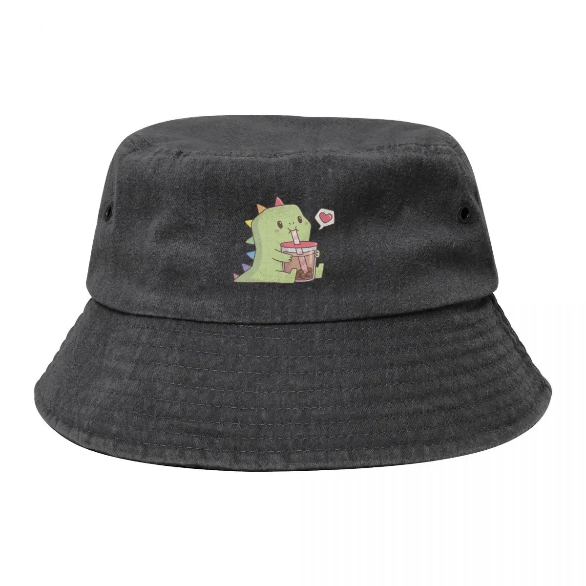 

Cute Dino with Rainbow Spikes Loves Bubble Tea Bucket Hat Brand Man cap beach hat Bobble Hat Mens Women's