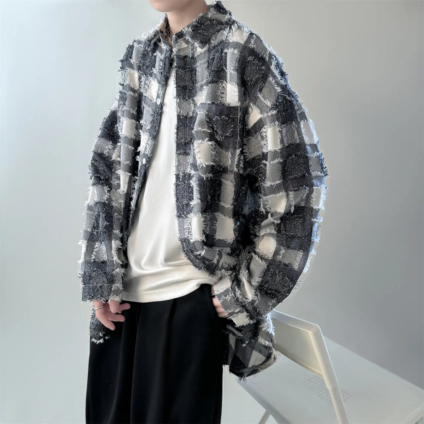 2026 Spring Men Korean Striped Plaid Shirts Men Fashion Harajuku Casual Oversized Shirt Men Streetwear Print Shirt Men Clothing