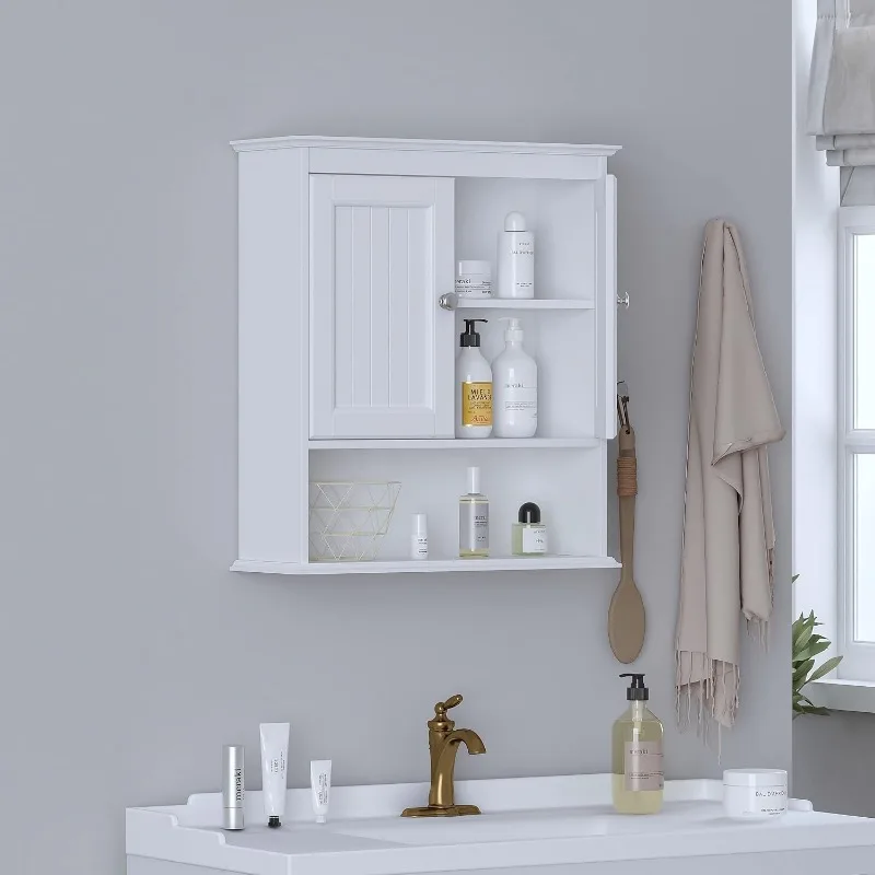 Bathroom Cabinet Wall Mounted with Doors, Wood Hanging Cabinet with Doors and Shelves Over The Toilet