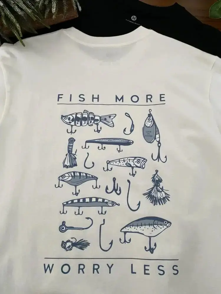 Fishing Lure Print with Blue Graphic Design Fish More Worry Less White Black Maroon T Shirt Unisex Cotton Casual Outdoor Outfit