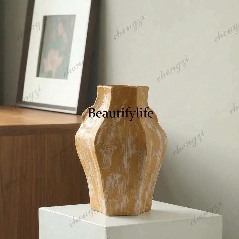 Brush-marked ceramic vase, retro wabi-sabi wind flower ware, living room, soft dried flower pottery ornament