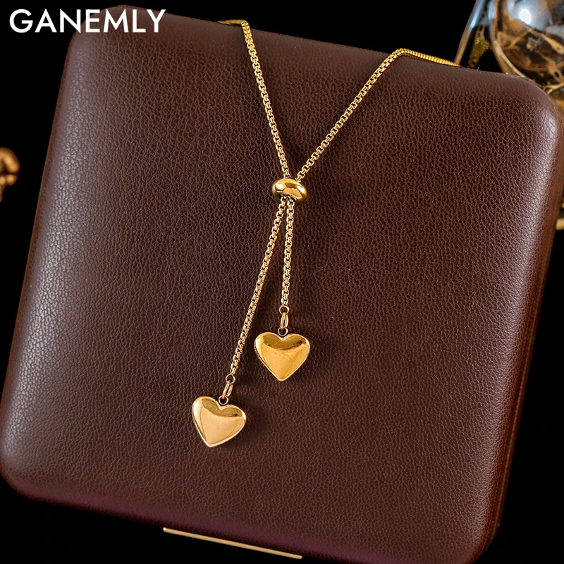 GANEMLY 316L Stainless Steel Heart Pendant Necklace For Women Trendy Drawstrings Neck Chain Waterproof Jewelry Gift Collar