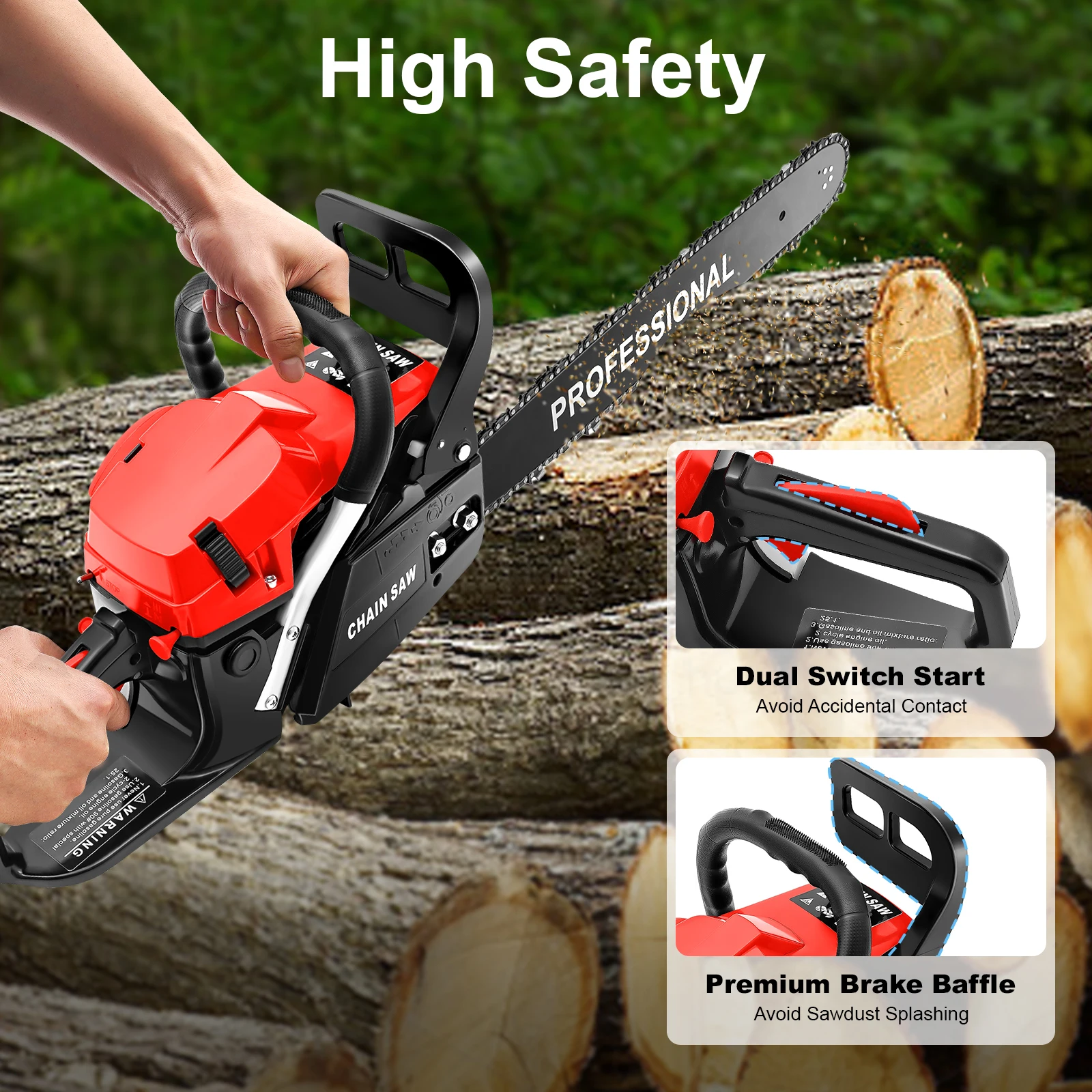 58cc 20 Inch Petrol Chain Saw Handheld Cordless 2-Stroke Engine for Tree Cutting Farm Garden Wood Cutting