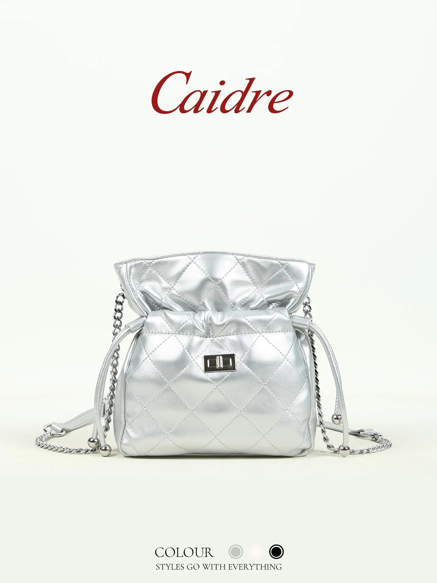 

Caidre Silver Drawstring Bucket Bag Women's 2026 New High-End Chain Wanderlust Single Shoulder Crossbody Small Bag