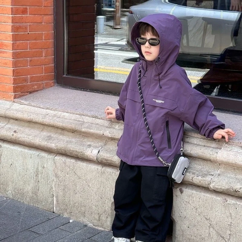 아동 코트 2025 봄 새 소년 한국어 버전 컬러 블록 후드 자켓 남여 스포츠 컬러 블록 탑 봄, 가을