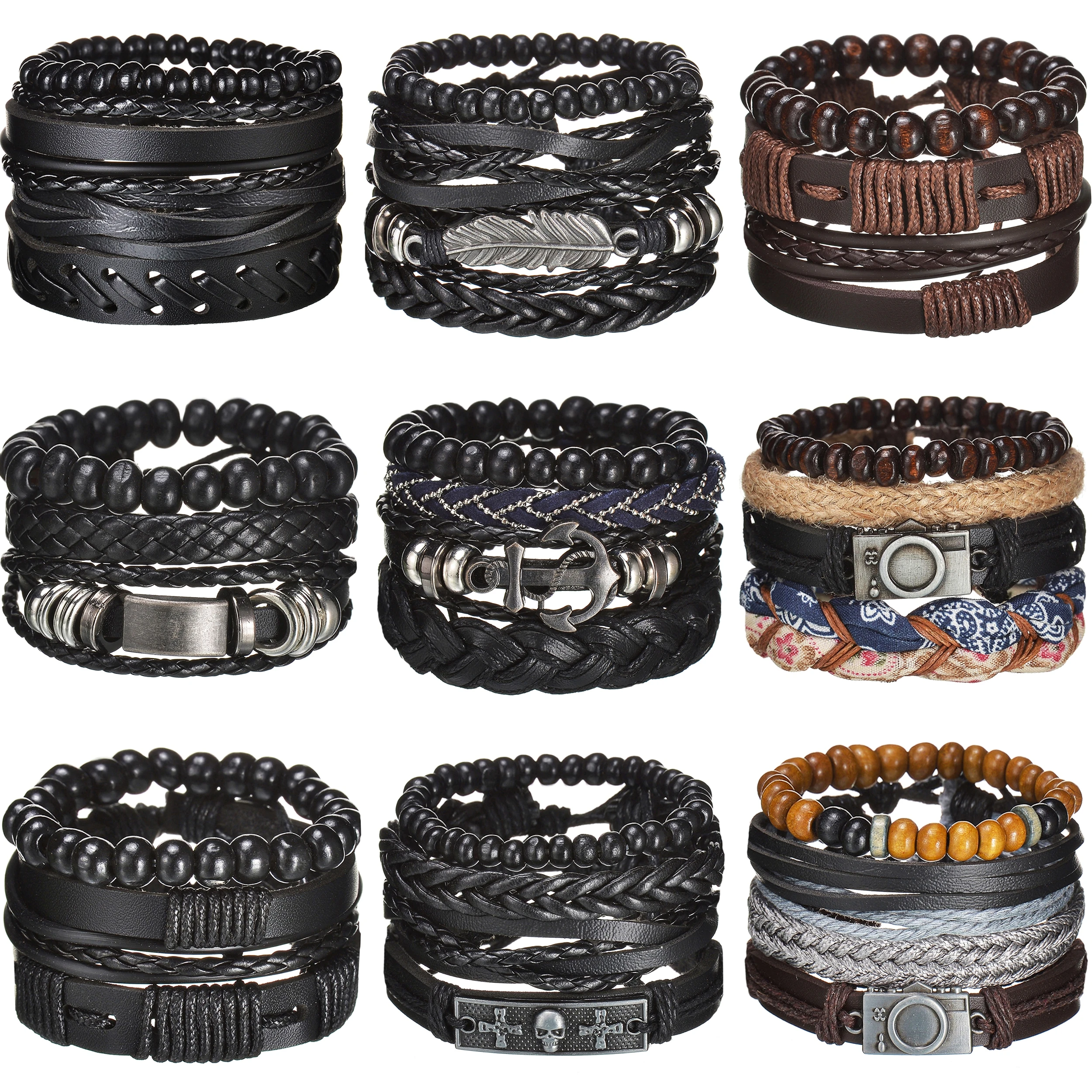 Pulseras de cuero trenzado estilo Punk para hombre, pulseras de alta calidad, Vintage, con cuentas de madera, étnicas y tribales, gran oferta
