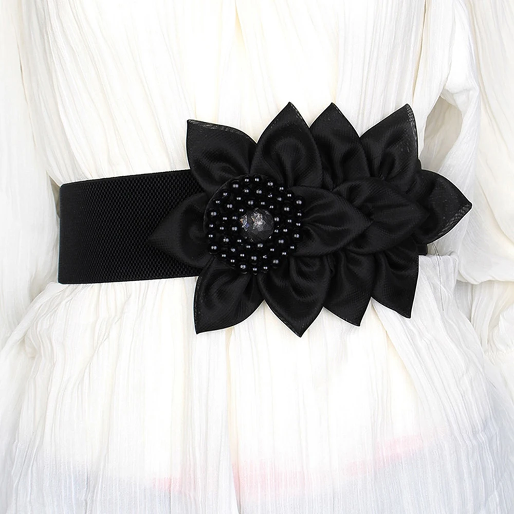 Women Girls Big Flower Elastic Waist Belt Solid Color Corset Belts Wide Cummerbands Dress Decorative Stretch Cinch Waistband