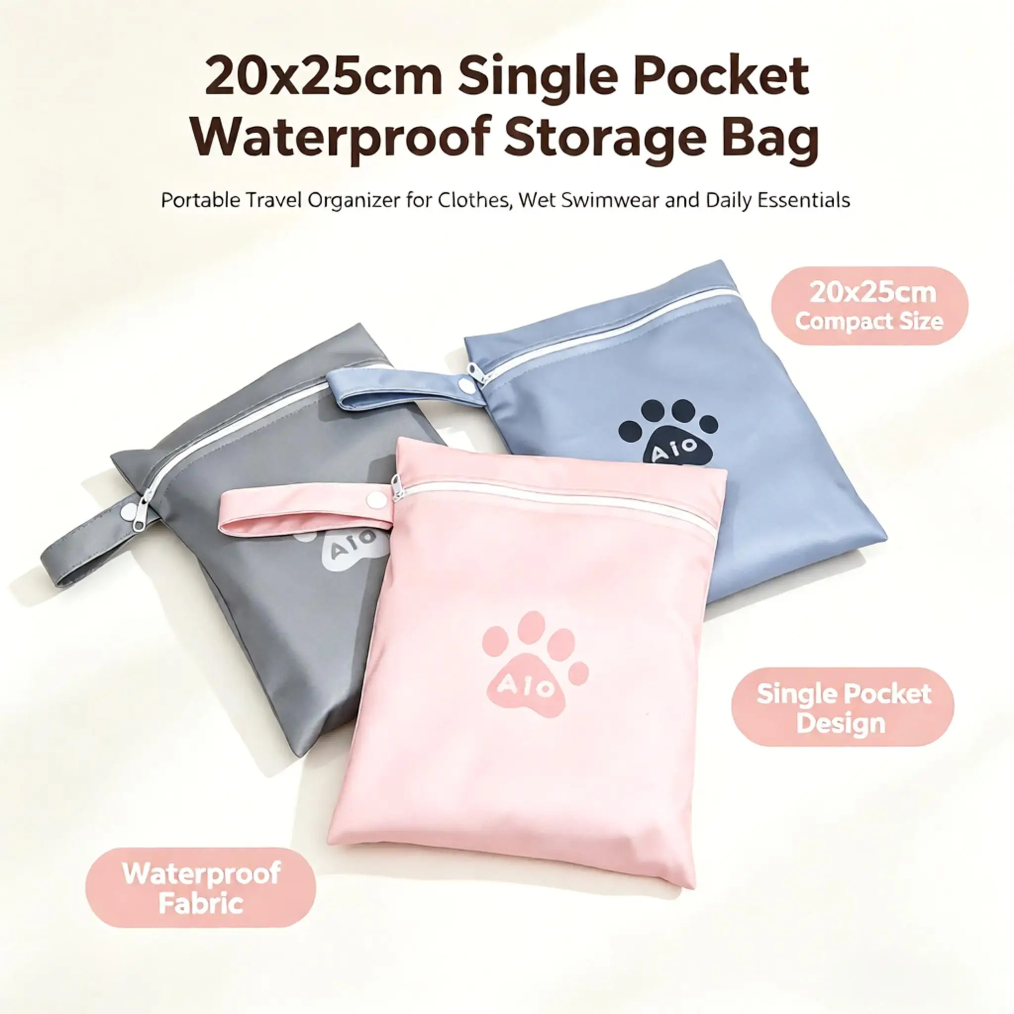 3Pcs 20X25cm Zippered Reusable Diaper Storage Bag Large Capacity Wet Dry Handbag Hanging Waterproof Travel Tote For Baby Outdoor