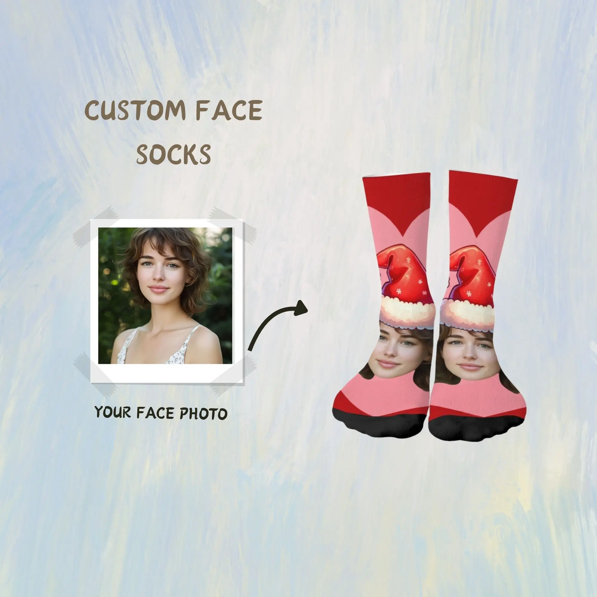 

Custom Face Santa Hat Christmas Socks Red & Pink Heart Design with Black Toe Personalized Romantic Holiday Gift for Lovers