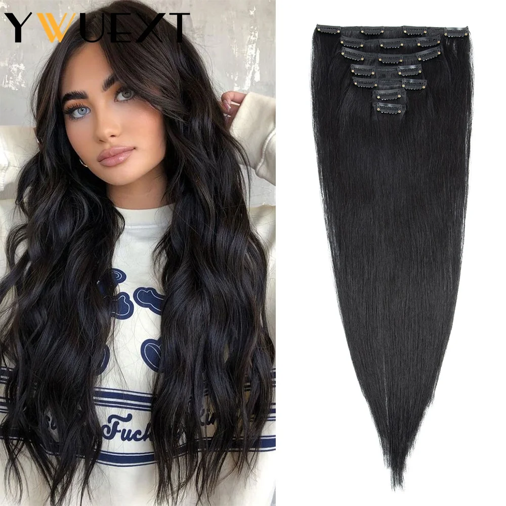 

YWUEXT Clips in Hair Extensions Real Human Hair 7pcs/set Natural Straight Hair Bundles 110-120 grams 14-24 Inch For Salon Supply