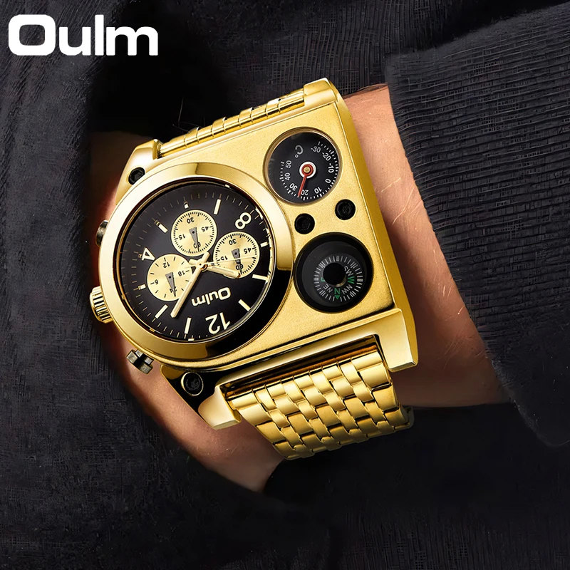 OULM Luxury Military Men Watches Compass Temperature Display Movement Three Time Clock Big Dial Quartz Business Men WristWatch