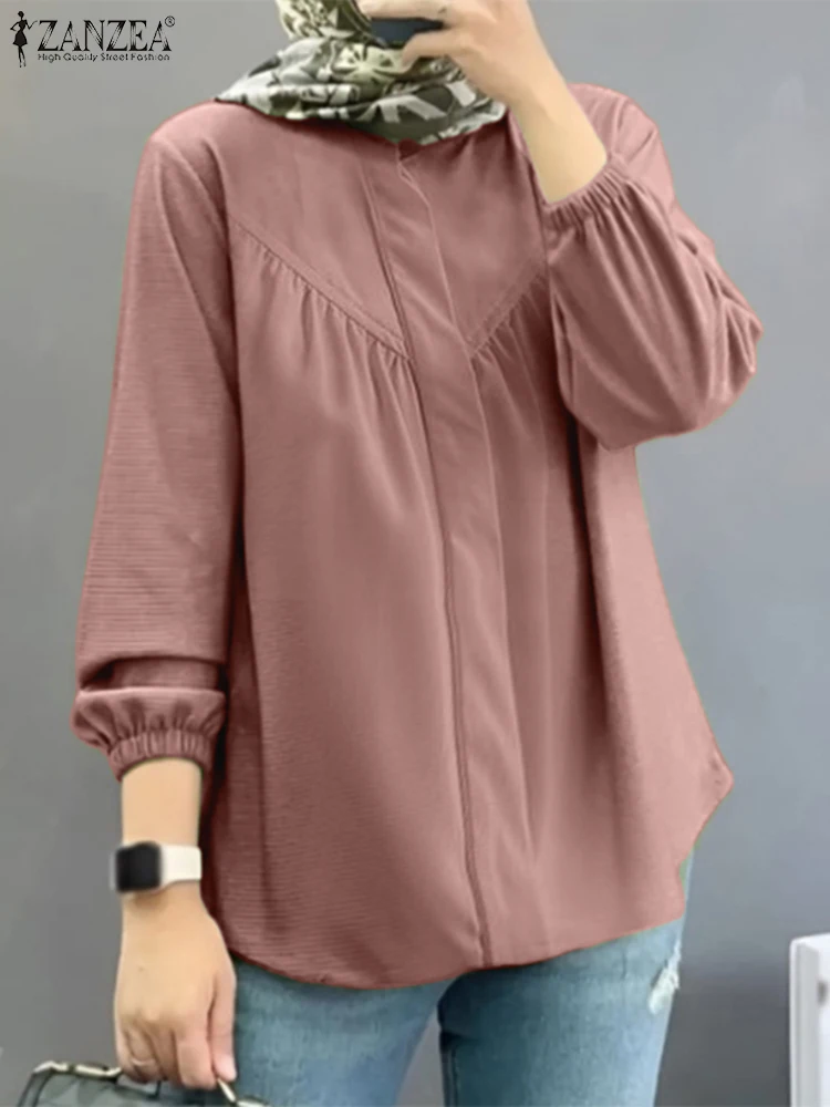 

Vintage Solid Abaya Hijab Shirt ZANZEA Women Elegant Long Sleeve Blouse Spring Muslim Tops Casual Marocain Eid Mubarek Blusas