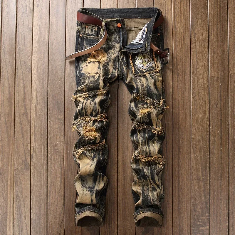 American Vintage Straight-leg Jeans for Men, Featuring Distressed Rip Details, Patchwork and Street-style Tapered Cut.