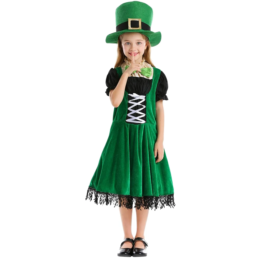 Gaun anak perempuan kostum Hari St. Patrick UNTUK ANAK gaun hijau setelan gaun liburan antik kostum Cosplay Anak Set Halloween