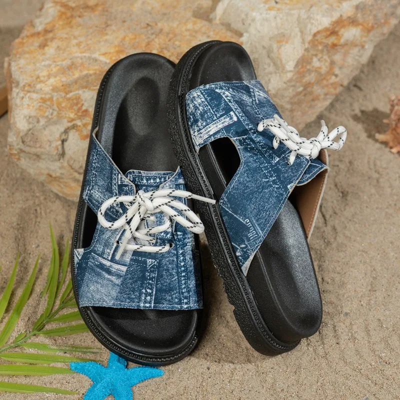 Slippers Summer New Round Toe Open Toe Denim Lace-Up Platform Versatile Flip-Flops view 3