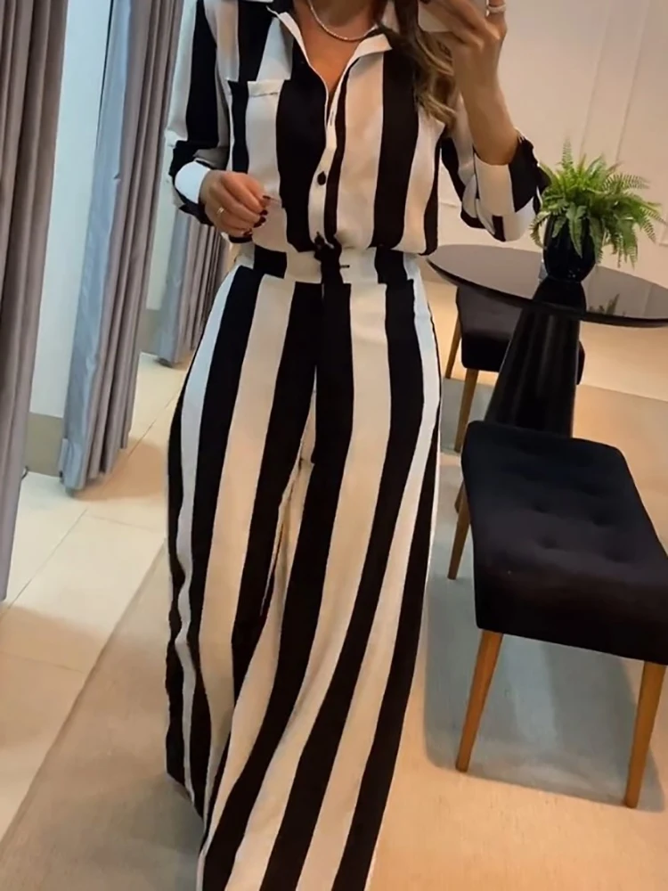 Striped Print Wide Leg Pants Matching Suit Women Summer Loose Long Pants Two Piece Set Female Streetwear Casual Trousers Outfits