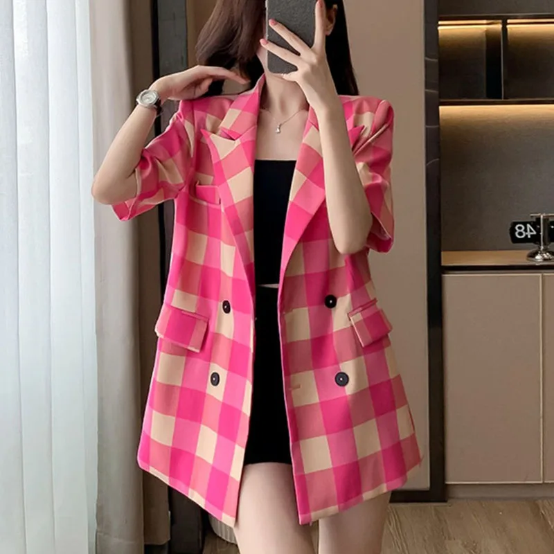 

Fashion Lapel Button Spliced Pockets Plaid Blazer Women's Clothing 2025 Summer New Loose Short Sleeve Korean Tops Casual Blazer