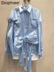 2024 Autumn New Bow Blue Striped Shirt Women High-Grade Korean Style Pocket Decoration Loose and Irregular Top Women Shirt