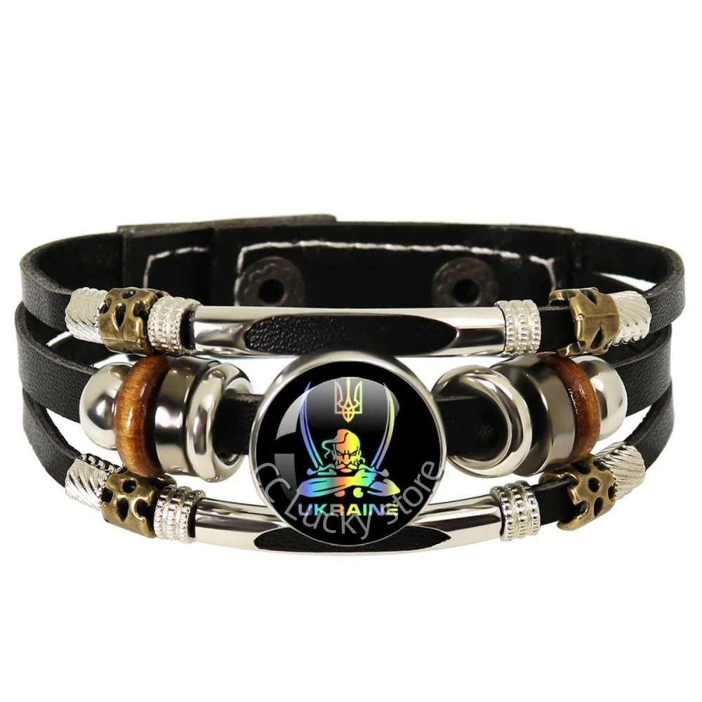 18mm Multilayer Leather Bracelets Ukrainian flag Glass Cabochon Jewelry Backpack National Emblem Logo Souvenir Accessories Gifts