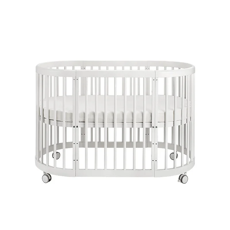 Oval Shaped Baby Crib Multifunctional Pine Children's Bed European White Newborn Baby Movable Splicing Large Bed